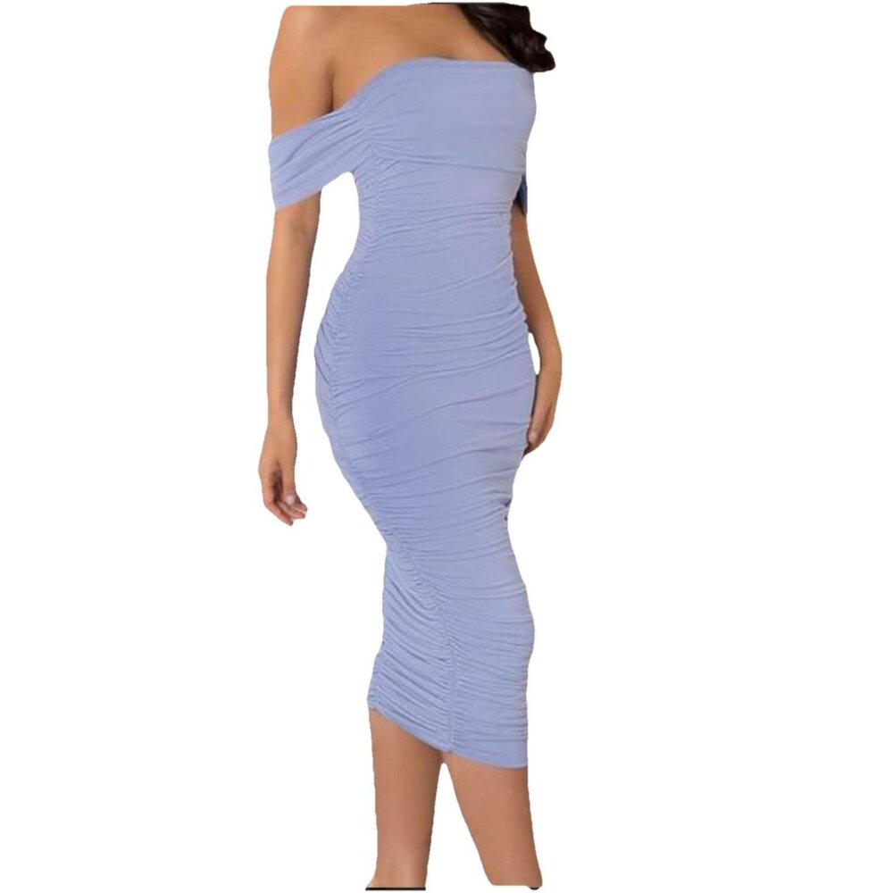 CLUB L COASTLINE BLUE Drop‎ SLEEVE MIDI DRESS WITH RUCHING Size US 4